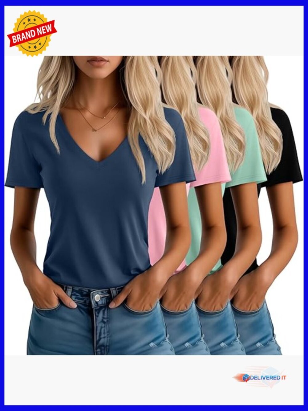 4 Pack Women's V Neck T-Shirts Short Sleeve Loose Fit Casual Tees